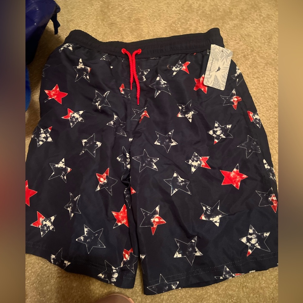 Red white blue star youth Tommy Bahamas swim trunks